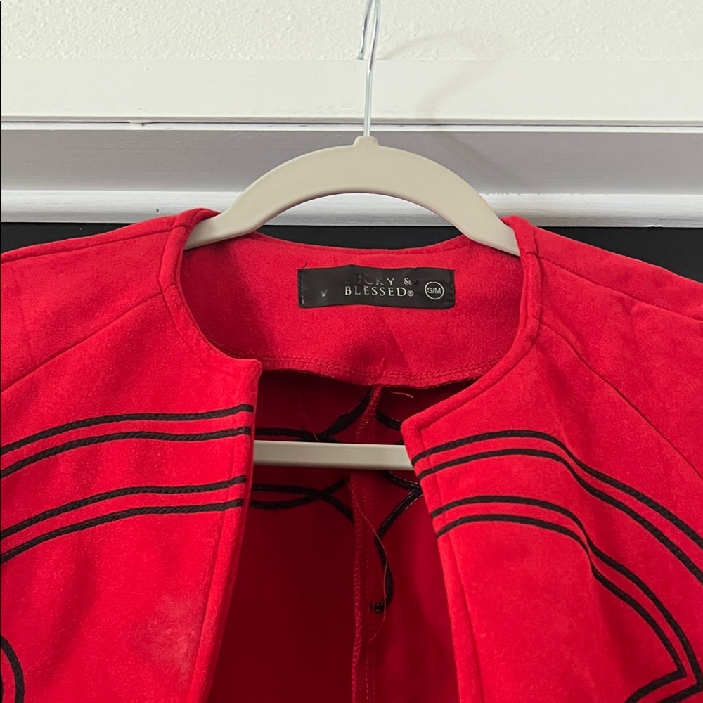 Lucky & Blessed Red Suede Fringe Cape with Black Stitching - Picture 3 of 3